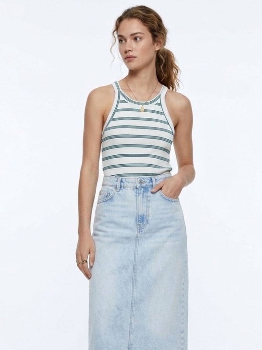 Zara Green & Creme Striped Ribbed Tank Top Size Medium Cotton